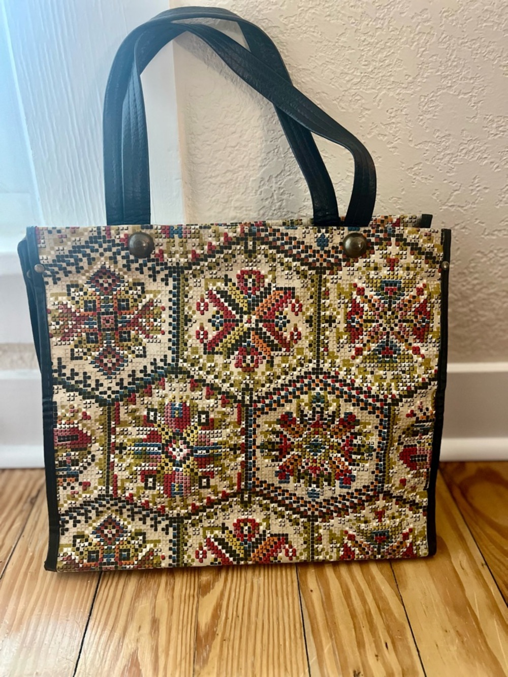 Vintage Foldable Retro Geometric Knitting Sewing Craft Yarn Caddy Bag 1960s
